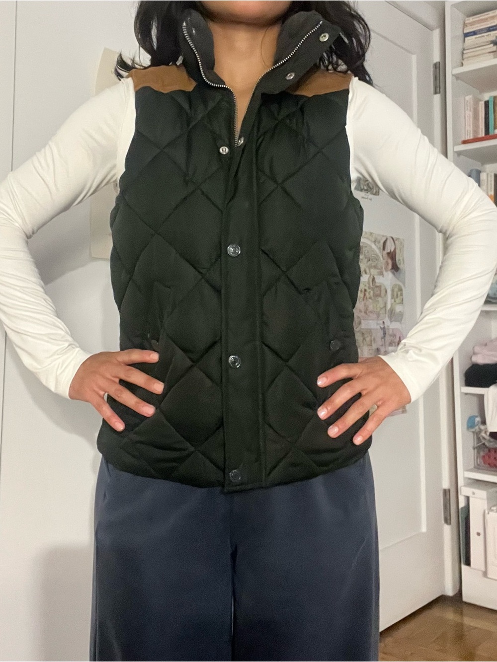 H&M Quilted Olive Puffer Vest with Tan Shoulder Panels